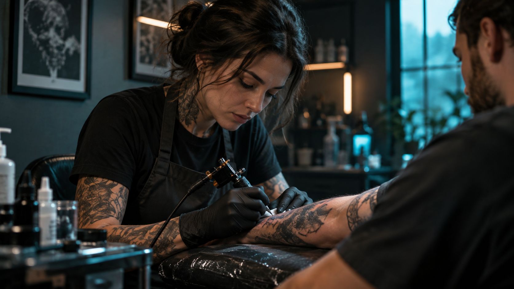 Tattoo artist working in a contemporary studio.